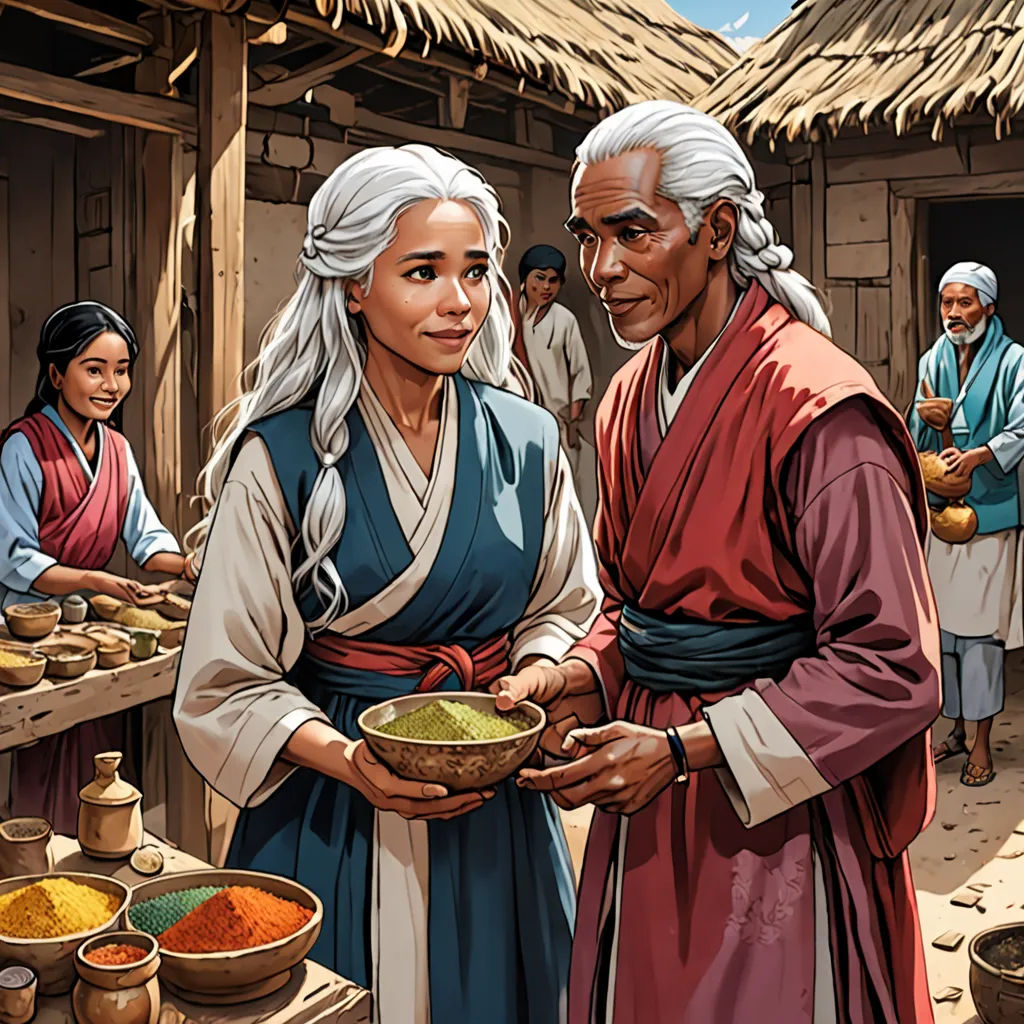 a painting of a man and woman holding bowls of food in front of a hut with people standing around, fantasy art, a storybook illustration, Byeon Sang-byeok, high detail illustration