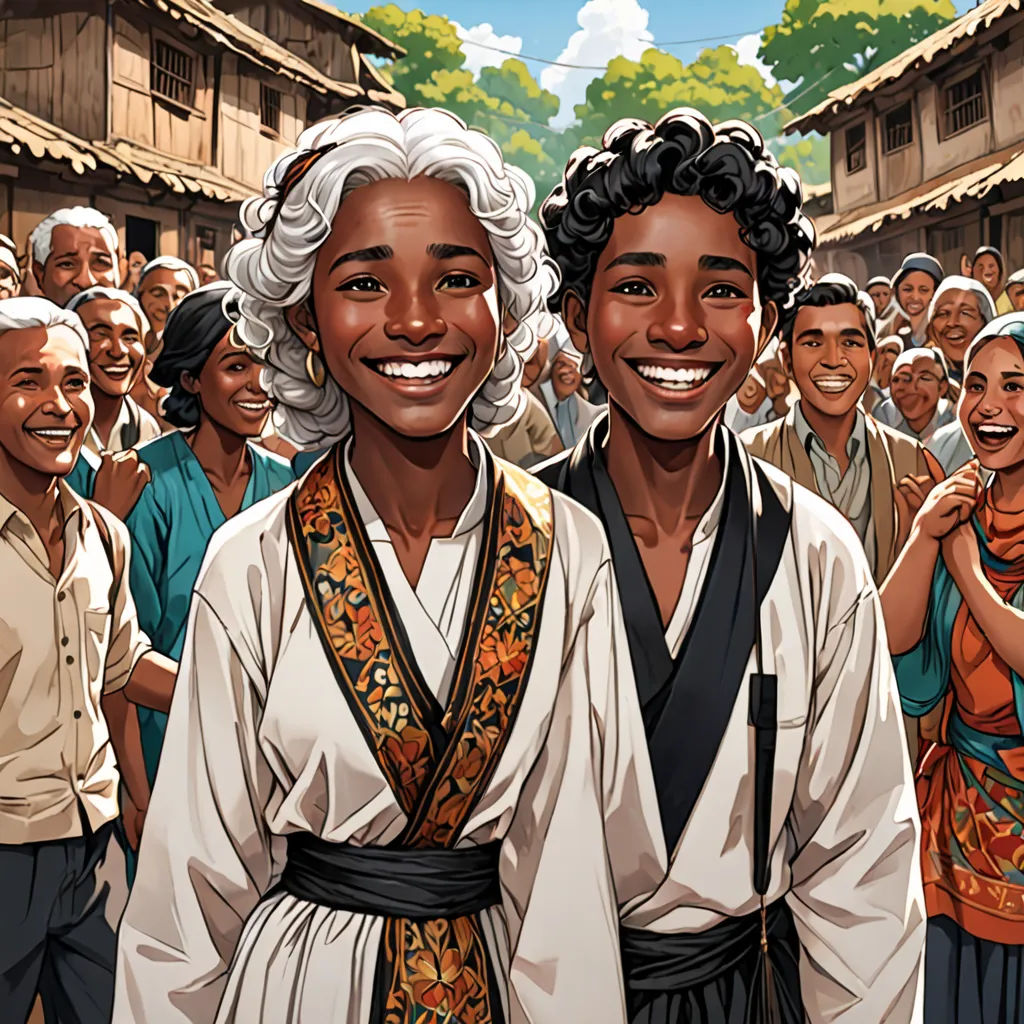 a group of people standing next to each other in front of a crowd of people with a building in the background, afrofuturism, a storybook illustration, Adam Manyoki, graphic novel