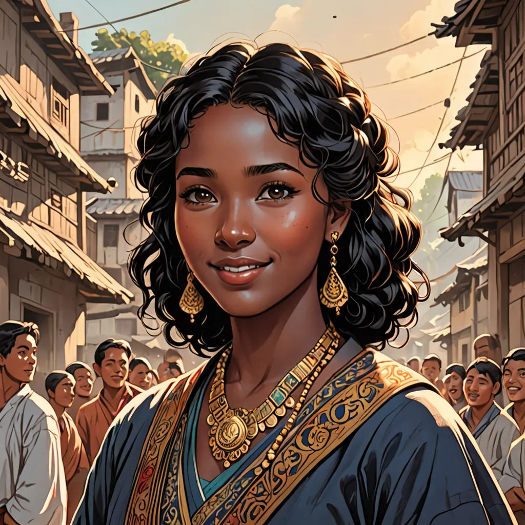 a woman in a black dress and gold jewelry standing in front of a crowd of people in a city, fantasy art, a character portrait, Constance Gordon-Cumming, comic cover art