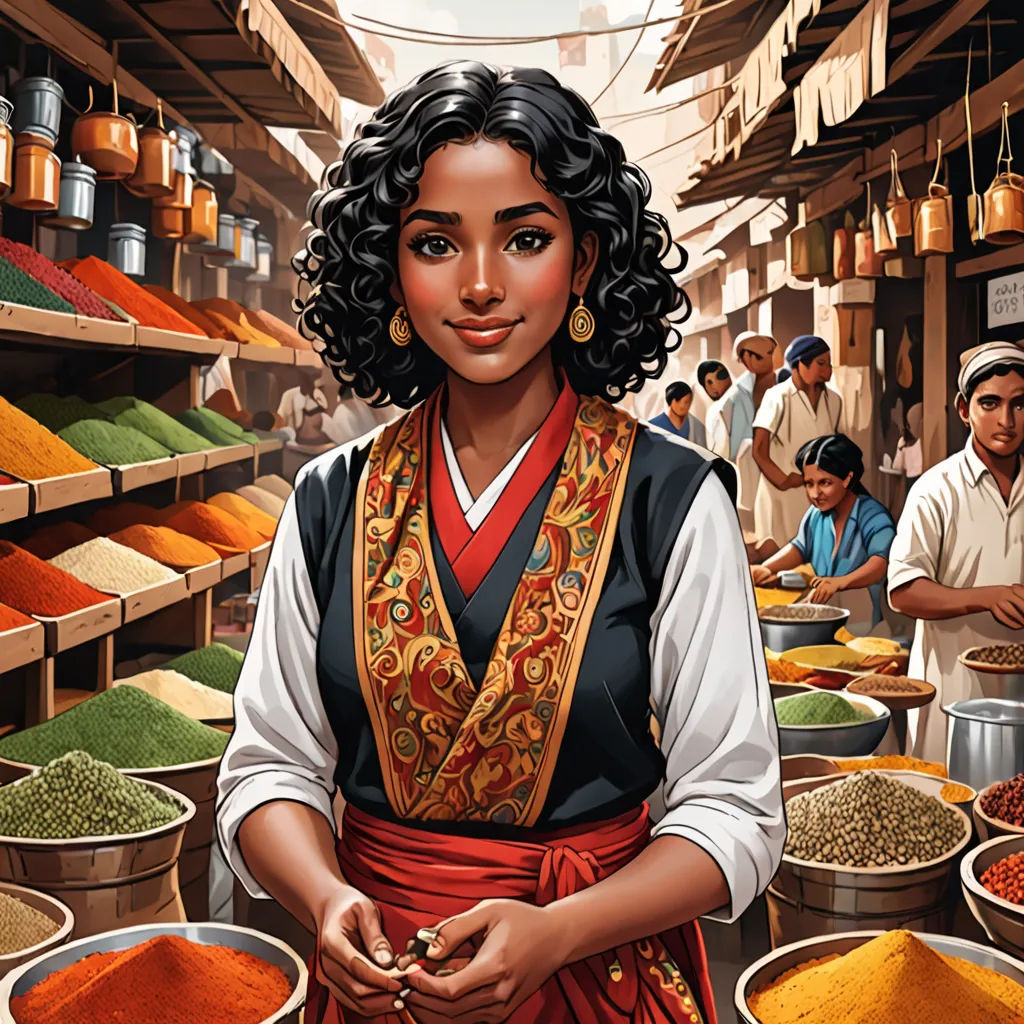 a woman standing in a market with lots of spices and spices in bowls on the floor and people in the background, samikshavad, a character portrait, Ella Guru, comic cover art