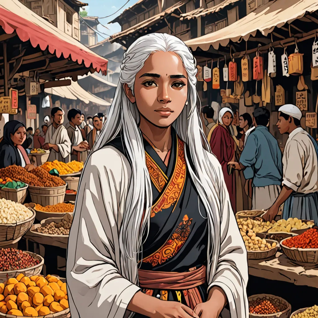 a woman standing in front of a market filled with lots of food and vegetables, with a man in a white robe, fantasy art, a comic book panel, Artgerm, official art