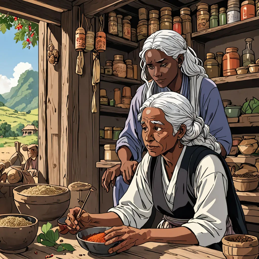 a painting of two women in a store with a bowl of food in front of them and a bowl of food in the foreground, fantasy art, a storybook illustration, Byeon Sang-byeok, high detail illustration
