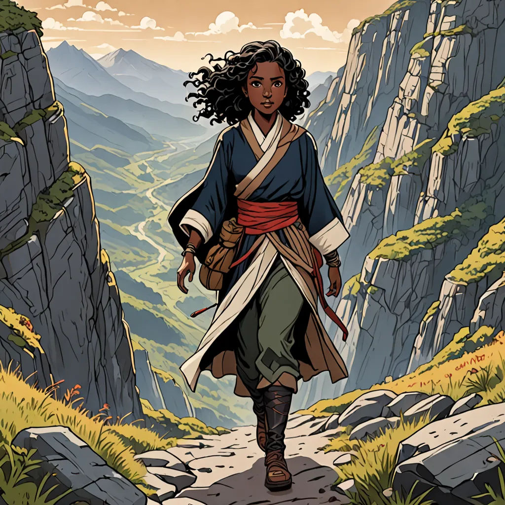 a woman in a blue dress walking down a path in a mountain valley with a mountain range in the background, process art, a character portrait, Ada Hill Walker, comic cover art