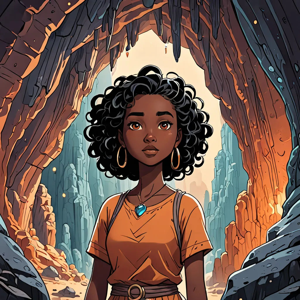 a woman standing in a cave with a blue necklace on her neck and a yellow shirt on her shoulders, process art, a character portrait, Chinwe Chukwuogo-Roy, comic cover art