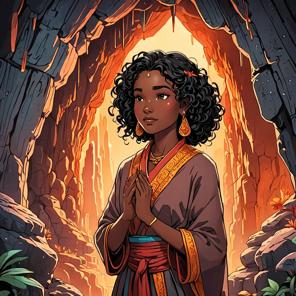 a woman in a cave with a halo around her neck and hands folded in prayer, with a fire in the background, fantasy art, a character portrait, Chinwe Chukwuogo-Roy, rossdraws global illumination