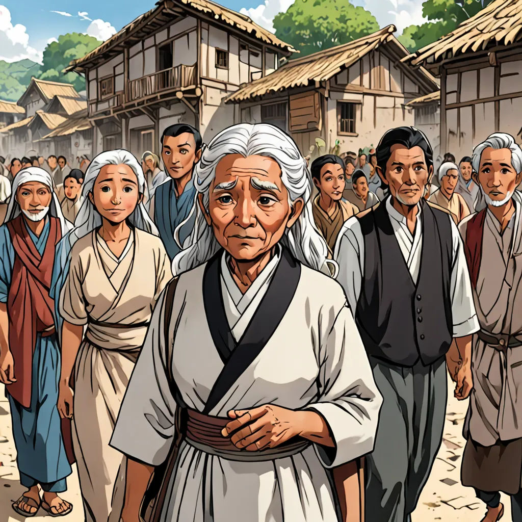 a group of people standing in front of a building with a sky background and a woman in a white dress, ukiyo-e, a comic book panel, Baiōken Eishun, official art