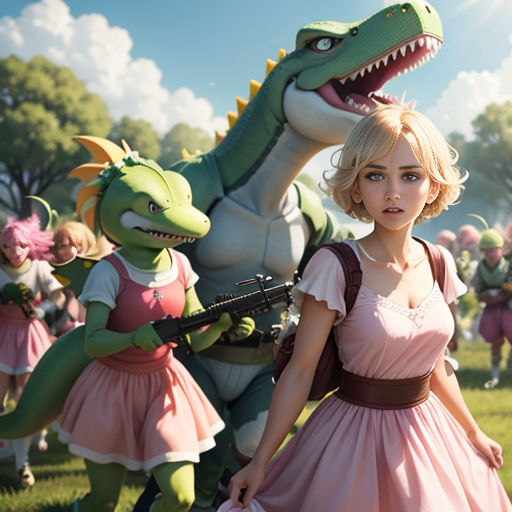 a woman in a pink dress standing next to a dragon and a girl in a pink dress holding a gun