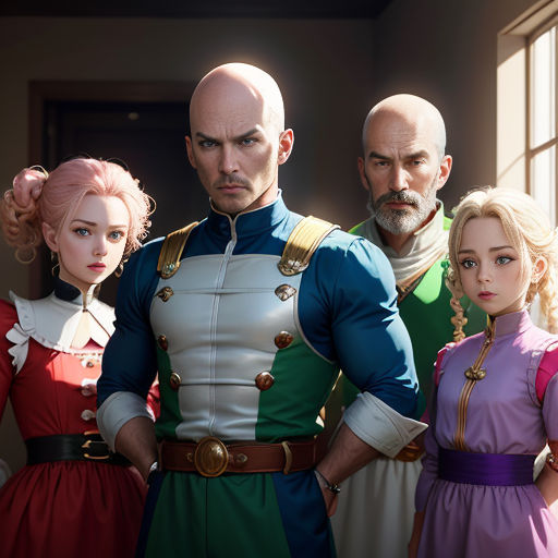a group of people standing next to each other in front of a window with a bald man in a uniform