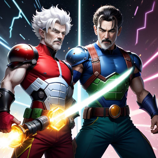 two men in costumes with swords in their hands, one of them is holding a light saber and the other is holding a sword