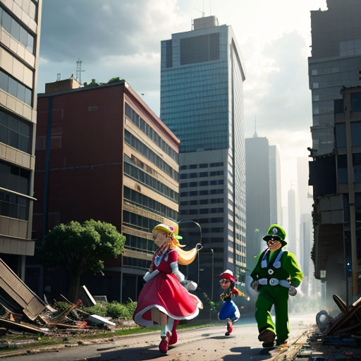 a group of people in costumes walking down a street in front of tall buildings and a city skyline with tall buildings
