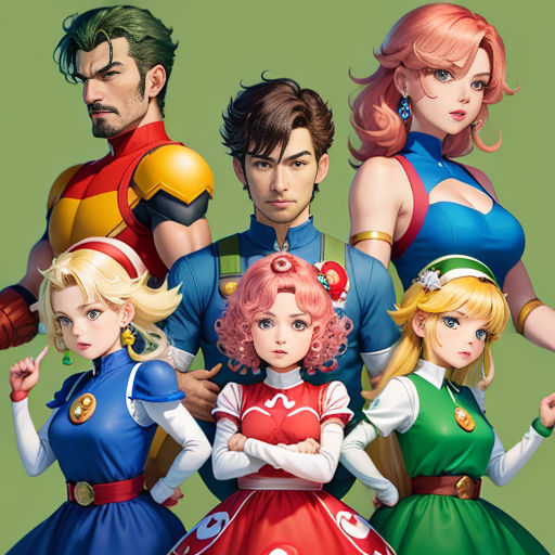 a group of people dressed in costumes standing next to each other in front of a green background with a green background