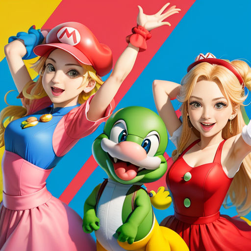 two women in mario and luigi characters pose for a picture together in front of a colorful background with a mario and luigi character