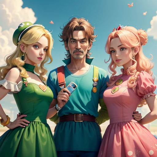 a group of people standing next to each other in front of a sky background with clouds and a bird