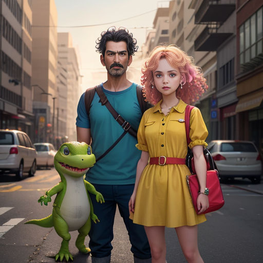 a man and a woman standing next to a green frog on a city street with buildings in the background