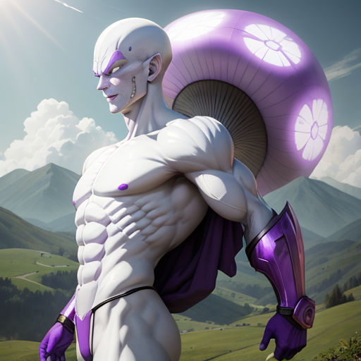 a man with a purple helmet and a purple body holding a large object in his hand and a mountain in the background