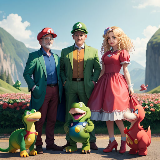 a man and two women standing next to a man in a mario bros costume and a woman in a dress