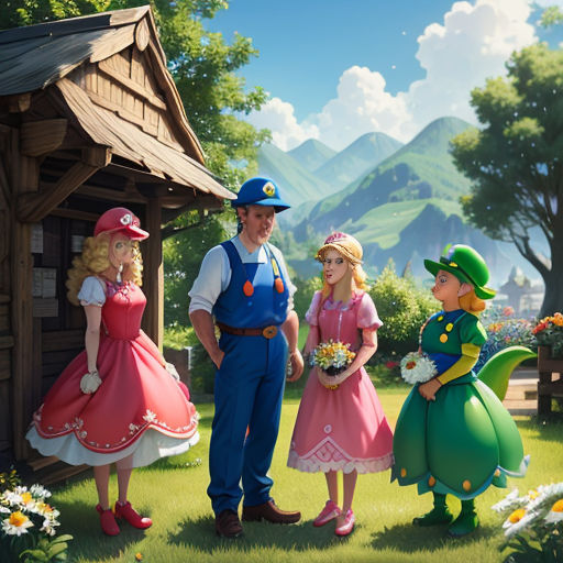 a man and two children standing in front of a small cabin with a man in a hat and a woman in a pink dress