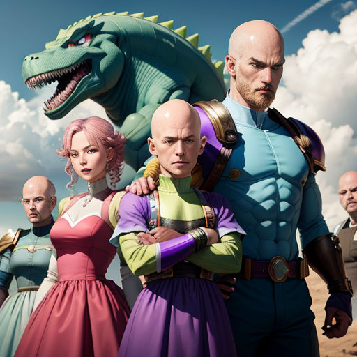 a group of people standing next to each other in front of a dinosaur statue and a sky background with clouds