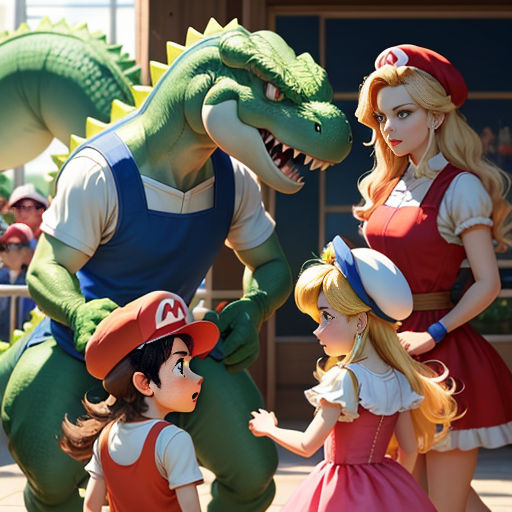 a group of people in costumes standing around a dinosaur and a girl in a dress and hat with a man in a costume