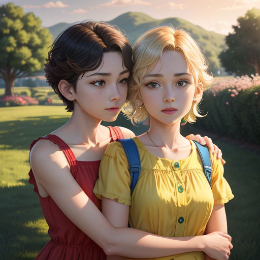 two young women standing next to each other in a field of flowers and grass with mountains in the background