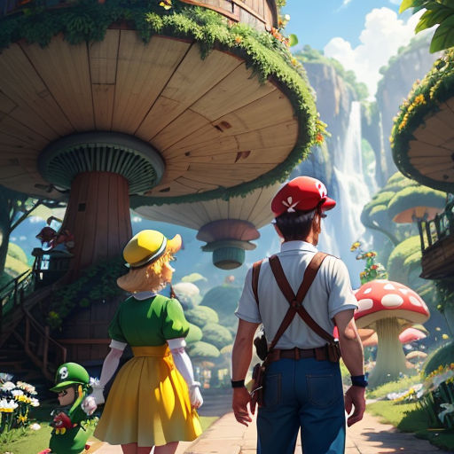 a man and a woman are standing in front of a mushroom house in a forest with a waterfall in the background