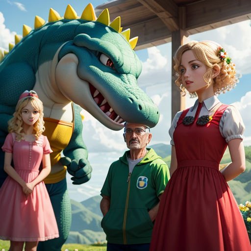 a woman and two men standing next to a giant dinosaur statue with a girl in a dress and a man in a green shirt