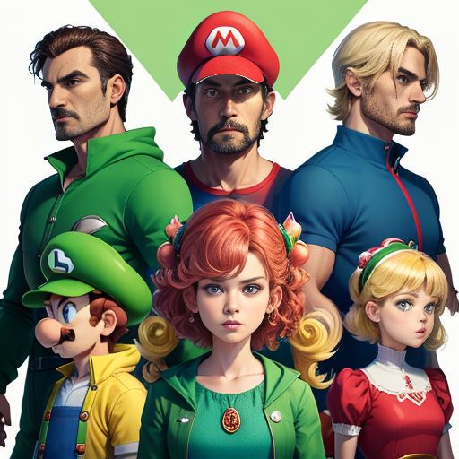 a group of people standing next to each other in front of a green triangle with mario and luigi on it