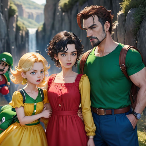 a man and a woman standing next to each other in front of a waterfall with mario and luigi in the background