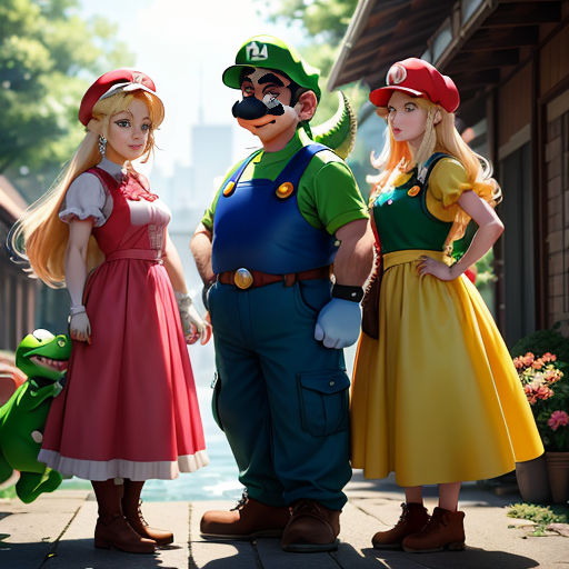 three people dressed in mario and luigi the frog costumes standing next to each other on a sidewalk in front of a building