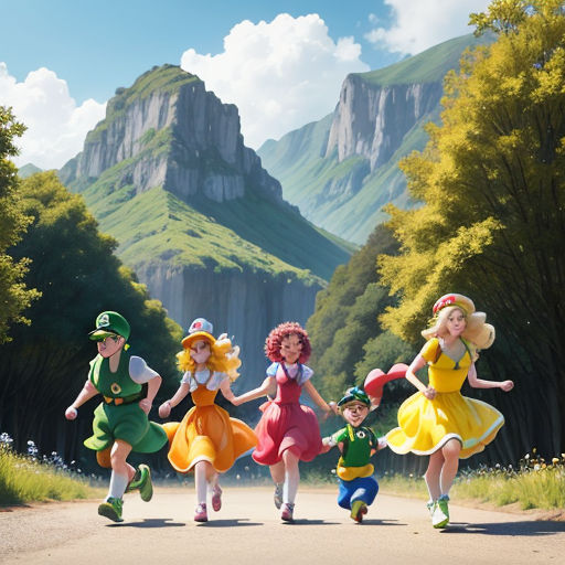 a group of people that are standing in the street together with a mountain in the background and a sky with clouds