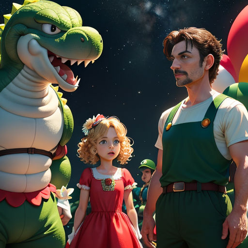 a man and a little girl standing next to a giant alligator and a girl in a red dress and green overalls