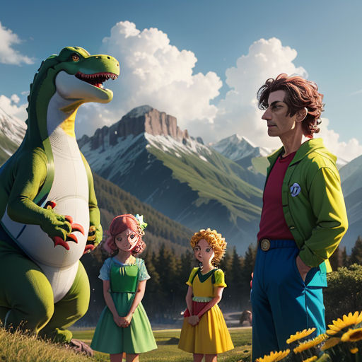 a man and two children standing in front of a dinosaur and a girl in a green dress and a man in a red shirt