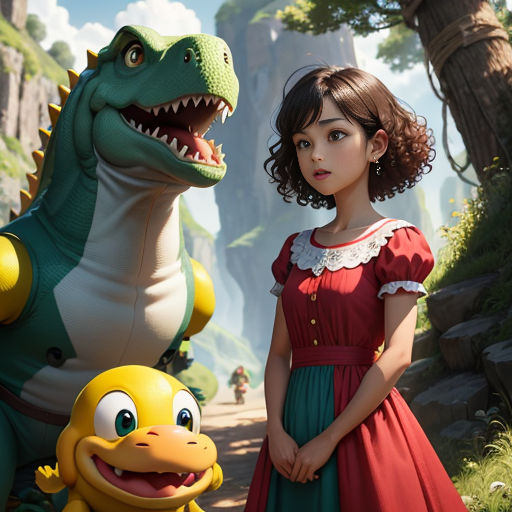 a girl standing next to a dinosaur and a girl in a red dress with a green dinosaur on her shoulder