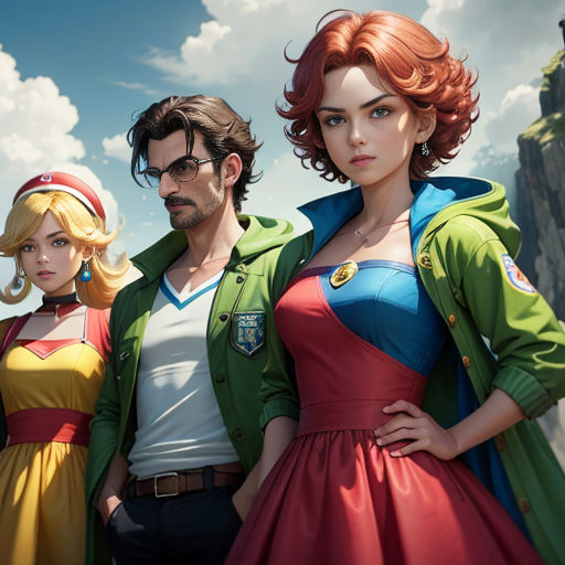 a group of people standing next to each other in front of a sky background with clouds and a castle