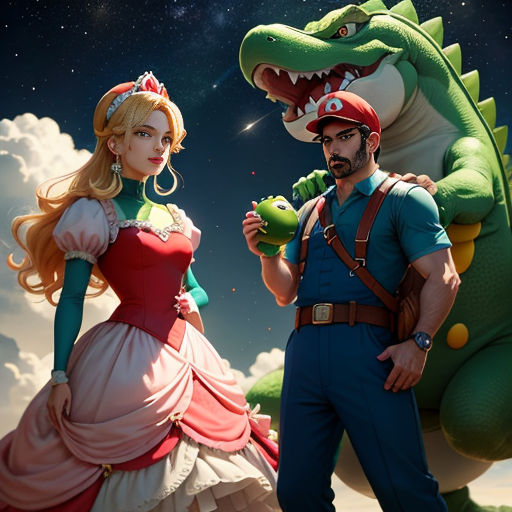a man and woman dressed up as mario and princess peaches and a dragon in a field of grass