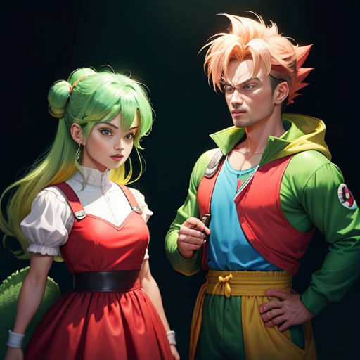 a man and a woman dressed in costumes standing next to each other, both wearing green hair and red and blue