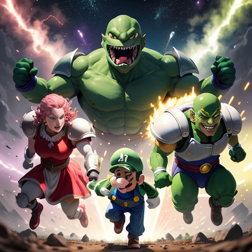 a group of cartoon characters flying through the air with a giant green monster in the background and a super mario character in the foreground