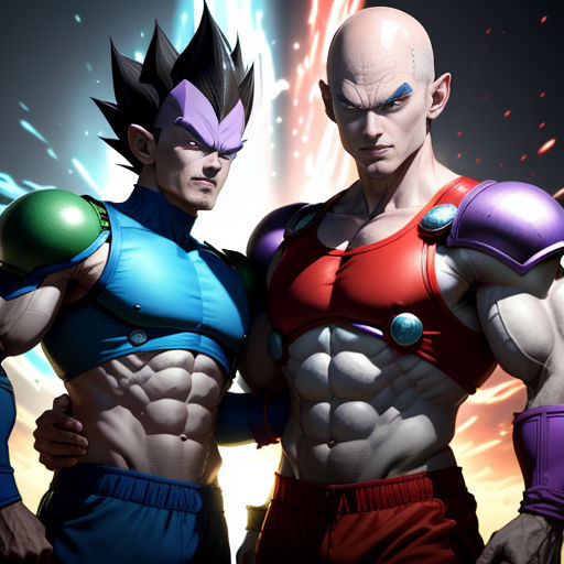 two men in costumes standing next to each other with a sky background behind them and fireworks in the background