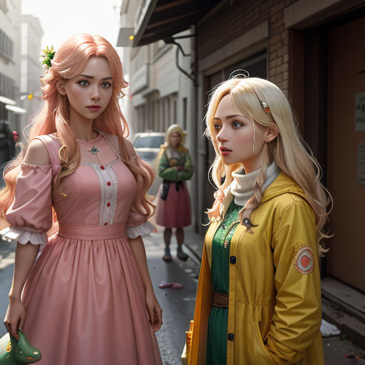two women in dresses standing on a street corner next to a building and a car with a woman in a pink dress