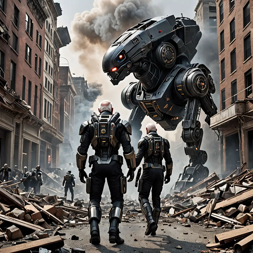 a group of people walking through a destroyed city with a giant robot in the middle of the street and a man in the middle of the street, antipodeans, a computer rendering, Enki Bilal, promotional image