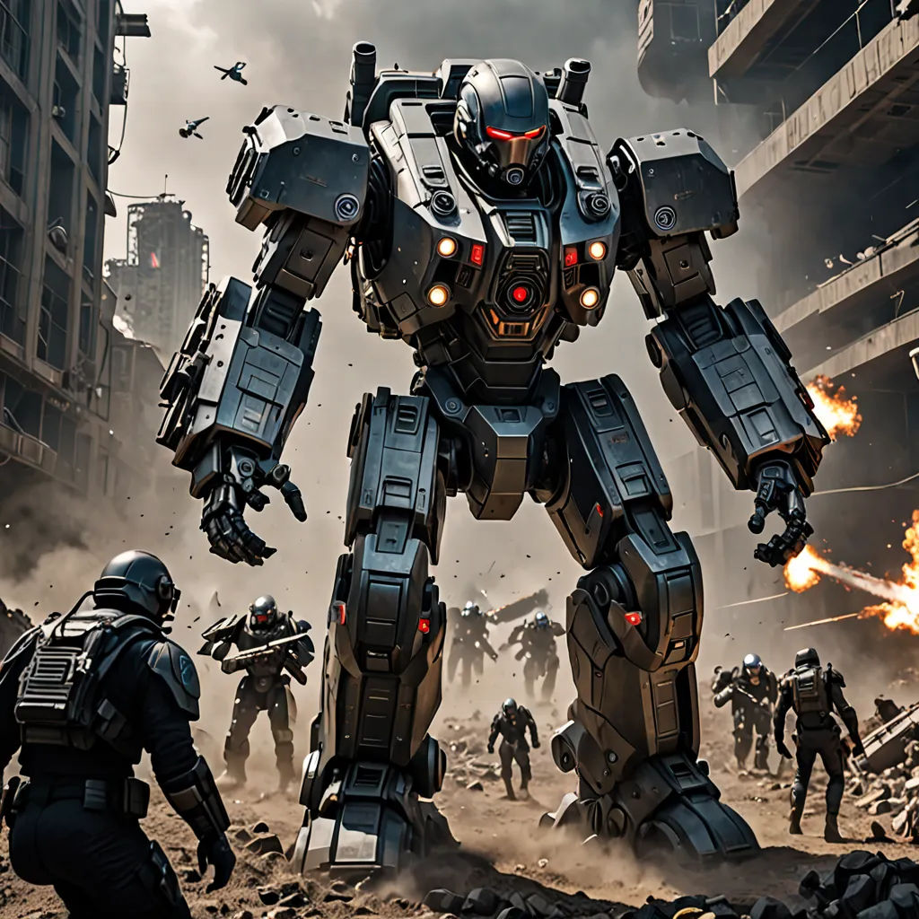 a group of people in a city with a giant robot in the middle of the street with a fire in the middle of the street, antipodeans, a poster, Edi Rama, mecha