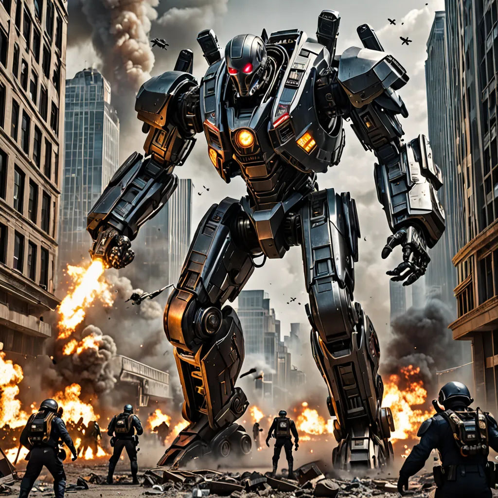 a giant robot standing in front of a bunch of fire and smoke in a city with buildings in the background, antipodeans, poster art, Beeple, mecha