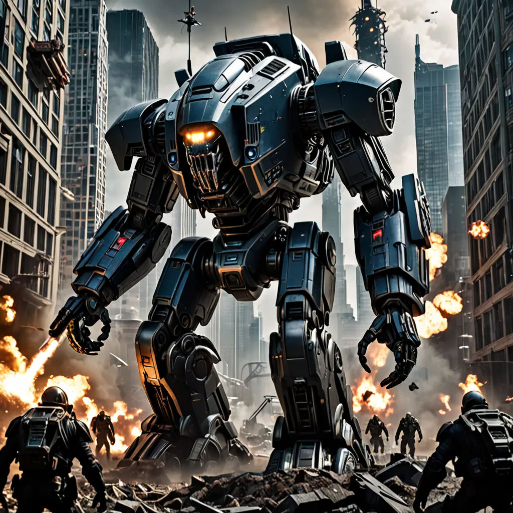 a giant robot with a massive gun in a city setting with fire and smoke coming out of its mouth, antipodeans, computer graphics, Beeple, 4k uhd image