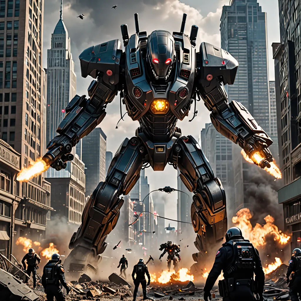 a giant robot with a lot of fire coming out of it's mouth and surrounded by other people, antipodeans, poster art, Beeple, promotional image