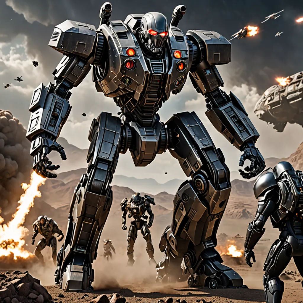 a group of robots are attacking a giant robot in a desert area with a sky background and clouds in the background, antipodeans, computer graphics, Eve Ryder, unreal 5