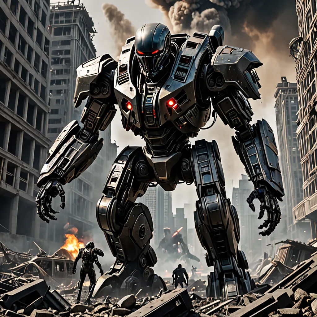 a giant robot standing in a city surrounded by buildings and debris with a fire in the background and a man in the foreground, antipodeans, a detailed matte painting, Eddie Mendoza, mecha
