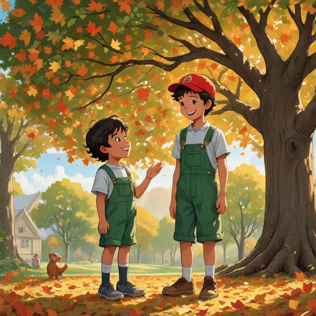 a boy and a girl standing in front of a tree with leaves on it and a dog in the background, a storybook illustration, Brothers Hildebrandt, american scene painting, official art