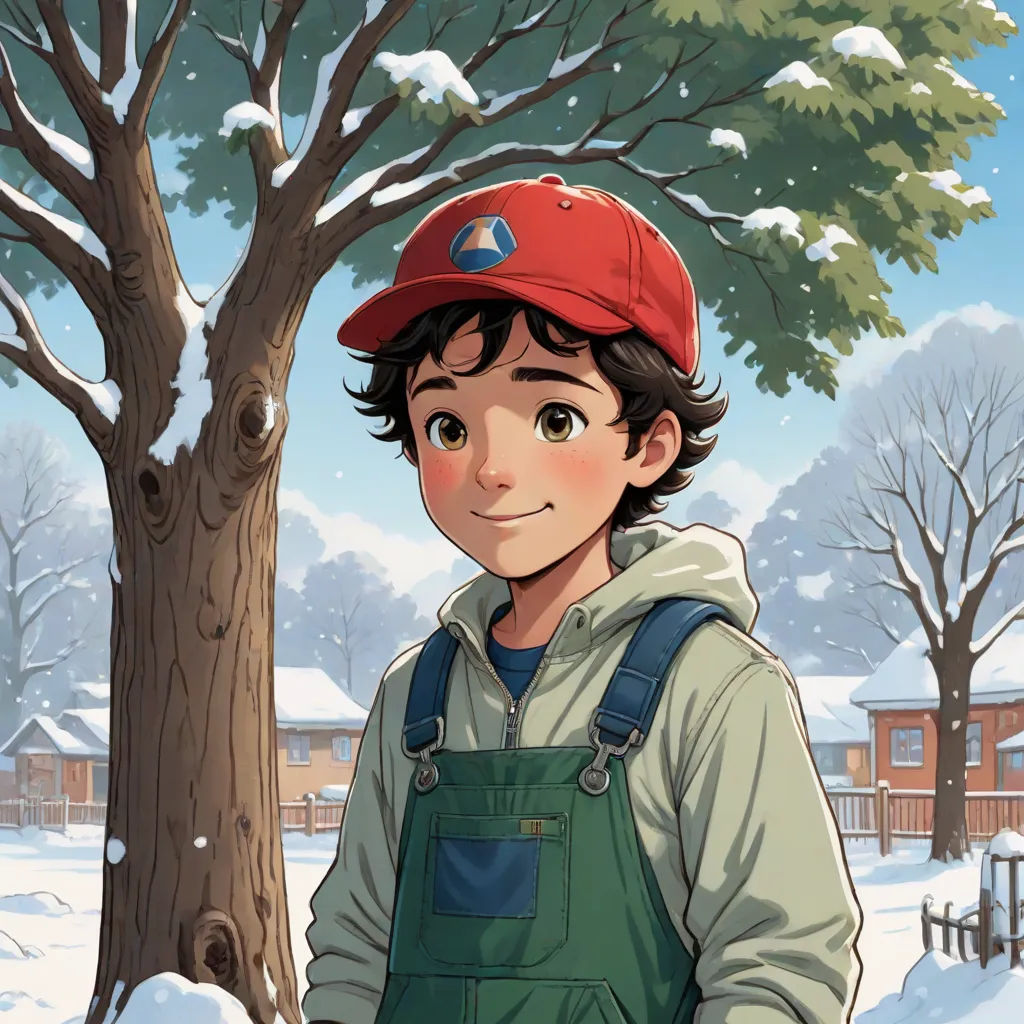 a boy in overalls and a red hat standing in front of a tree in the snow with a red hat on, a character portrait, Everett Warner, sots art, yukito kishiro