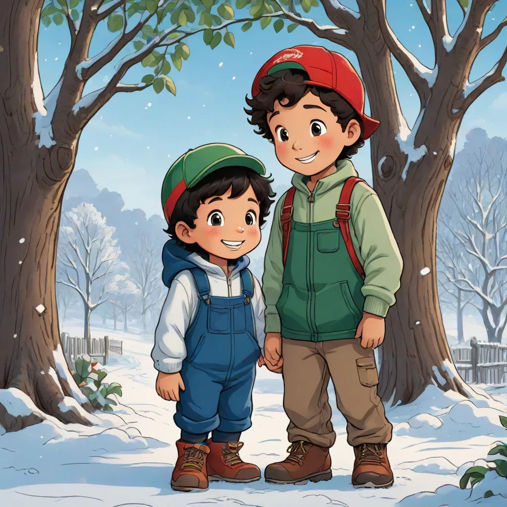 a boy and a boy standing in the snow in front of a tree with a snowman on it, a storybook illustration, Brothers Hildebrandt, lyco art, official art