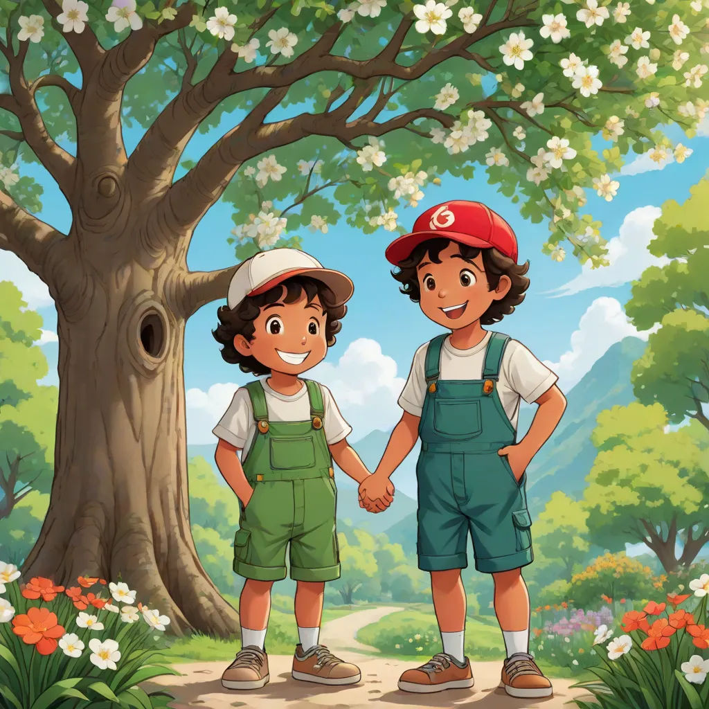 a boy and a girl holding hands in front of a tree with flowers on it and a bird in the background, a storybook illustration, Brothers Hildebrandt, lyco art, official art